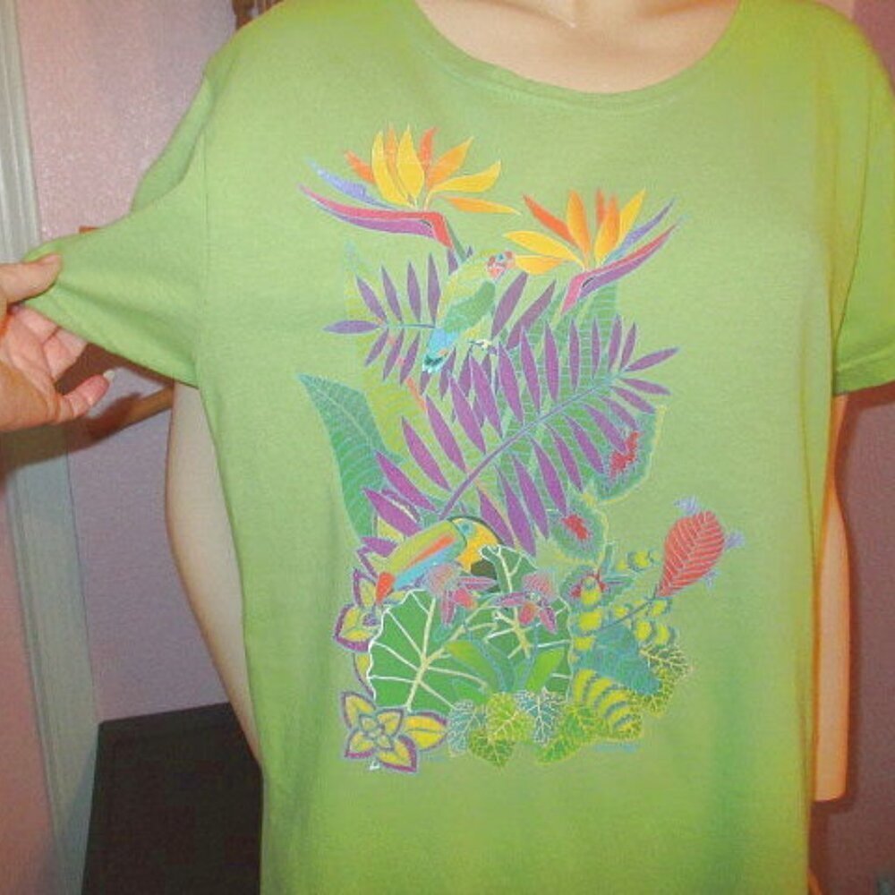 Sabaku Art Paradise T-Shirt Dress Size M Pockets Stretch Birds Lotus Floral Boho - Picture 3 of 12